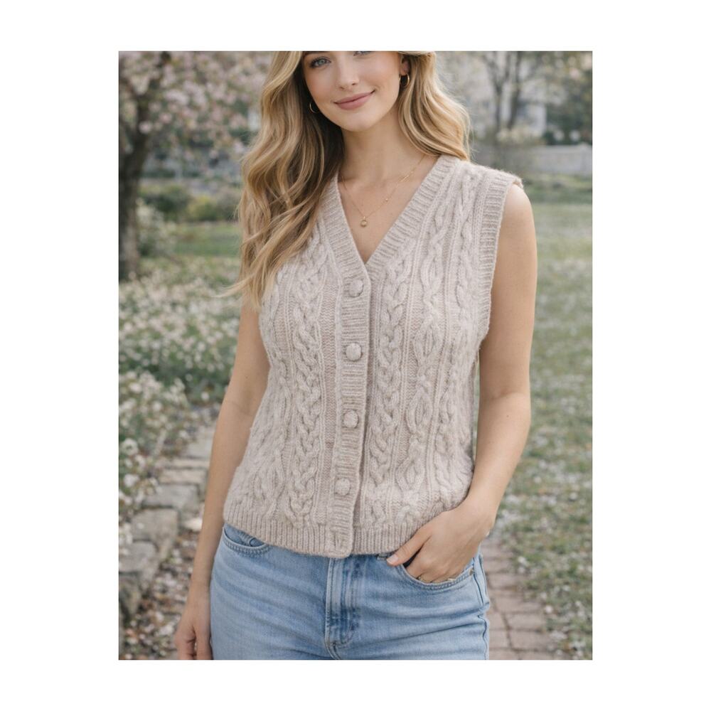 Y2K Wool Cable Knit Sweater Womens XS Beige Chunky Cottage Summer Preppy